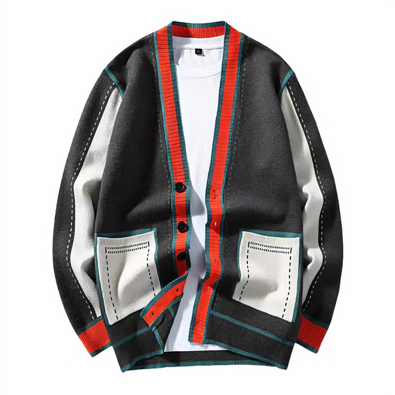 New autumn/winter men's knitted cardigan sweater, trendy color-blocked design, versatile Korean style.
