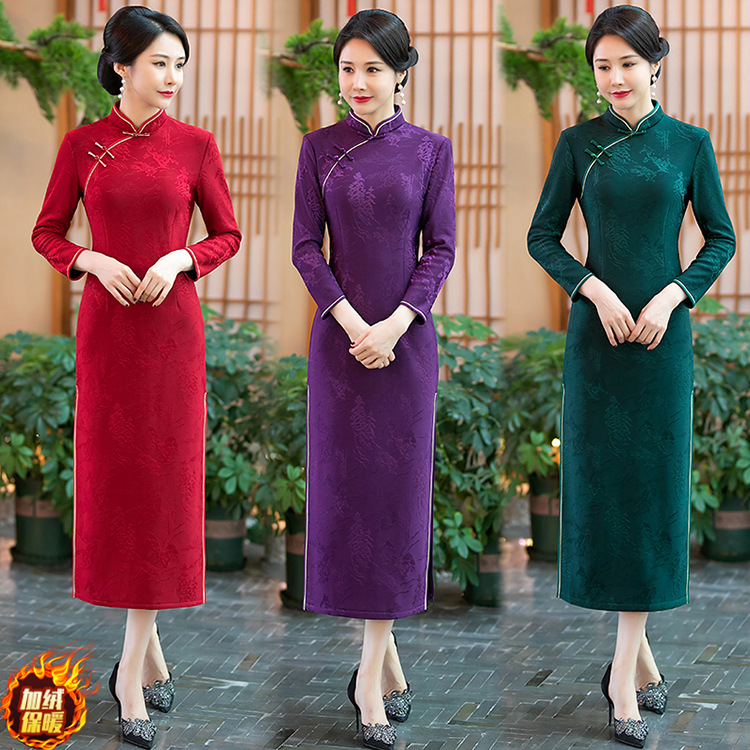 秋冬新款加绒加厚长款旗袍妈妈装喜婆婆回娘家修身婚庆礼服连衣裙
