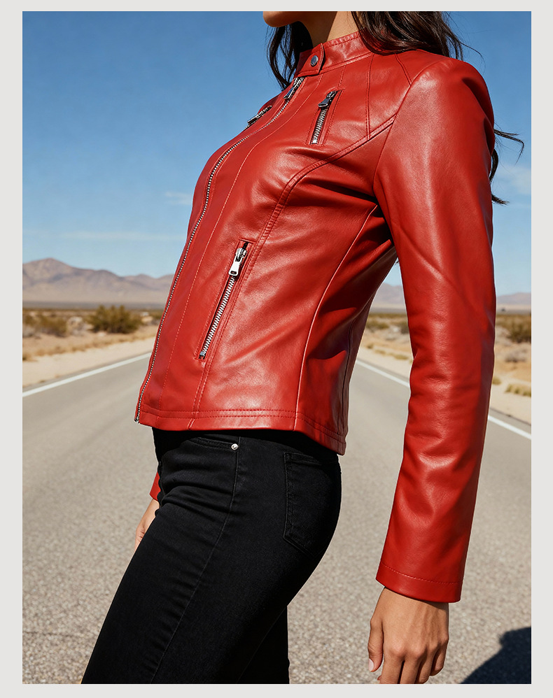 Giacca in pelle donna slim fit con collo alto taglie comode_voghion.com