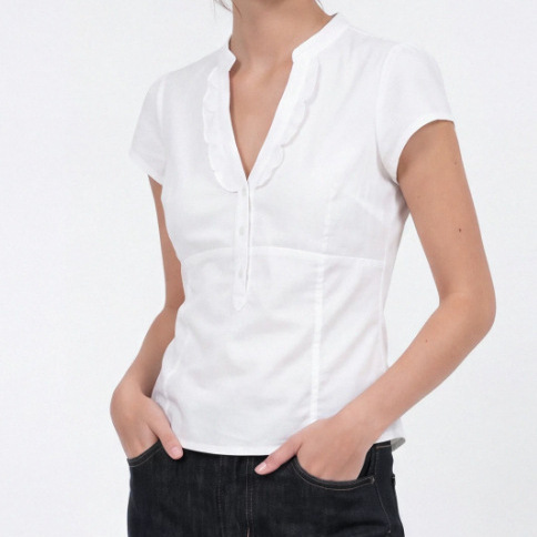 Coie American Design Retro Lace V-Neck Buttoned Slimming Waist Shirt White Short-Sleeved Simple Versatile Top