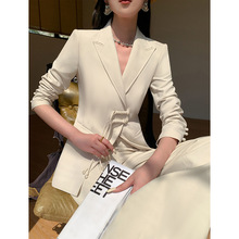 职业国风白色西装新款2024春秋款长袖时尚外套女气质中长款两件套