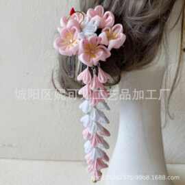 和风发簪成人式细工缩缅花团仙鹤垂坠日式和服流苏发饰写真头饰A