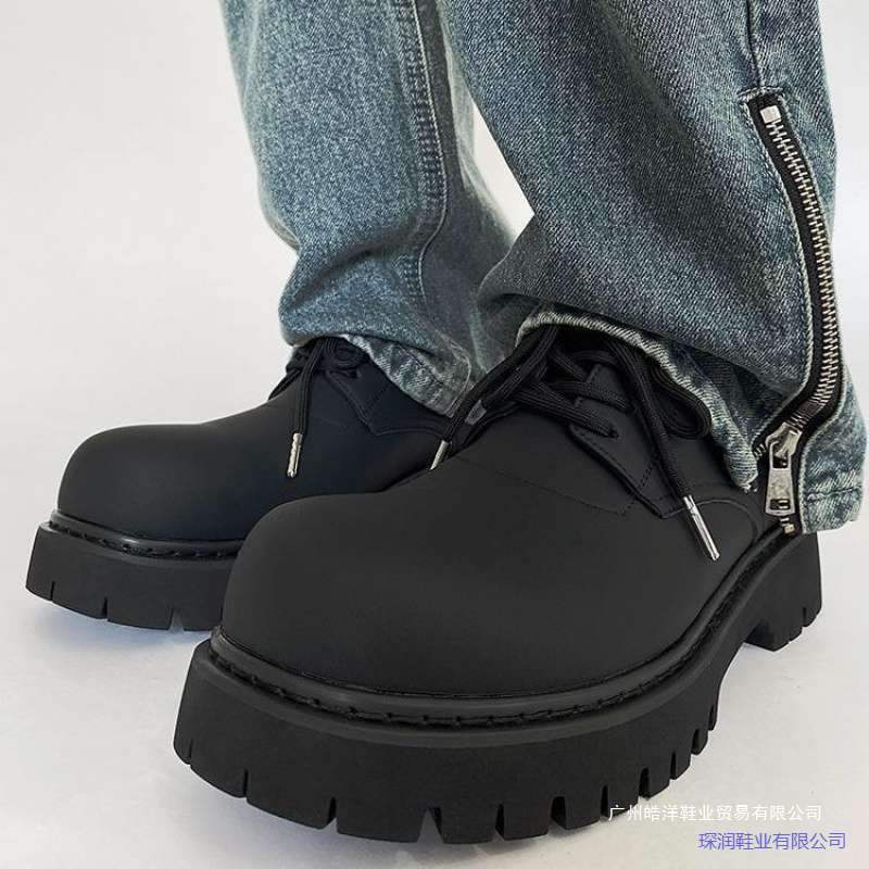 Thick-Soled Derby Shoes for Men, Matte High-End Niche Black Versatile Height-Increasing Leather Shoes, British Martin Formal Big-Toe Shoes