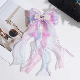 新款韩系重工蝴蝶结网纱儿童飘带头饰 闪钻爱心发夹顶夹发卡手工