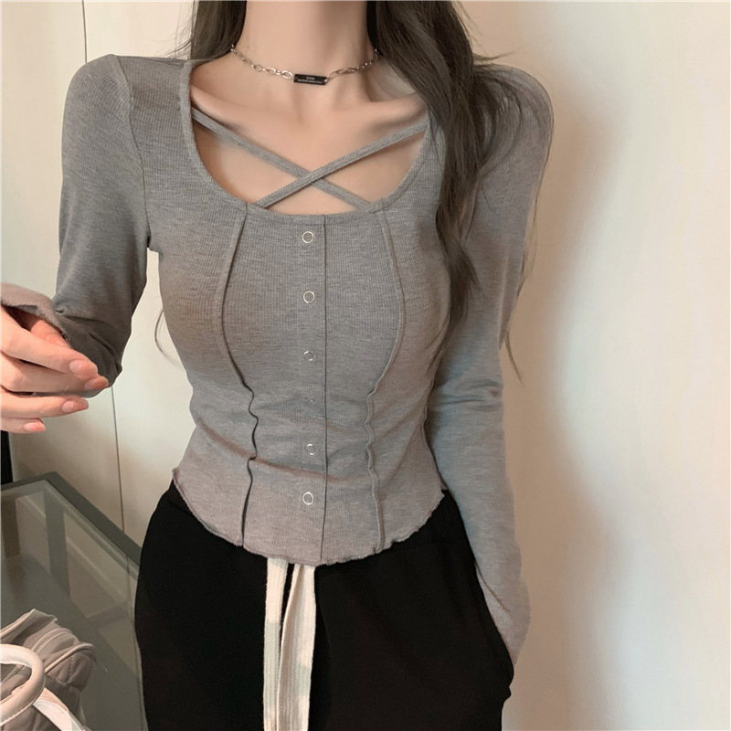 Hollow Ice Silk Pattern Spice Girl Heart Machine Clavicle Long Sleeve Women's 2023 Summer New Slim Fit T-shirt Threaded Knitted Top Women