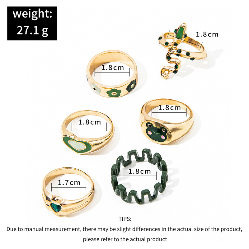 Fashion Cute Green Small Flower Snake-shaped Heart Drop Oil 6-piece Ring display picture 3