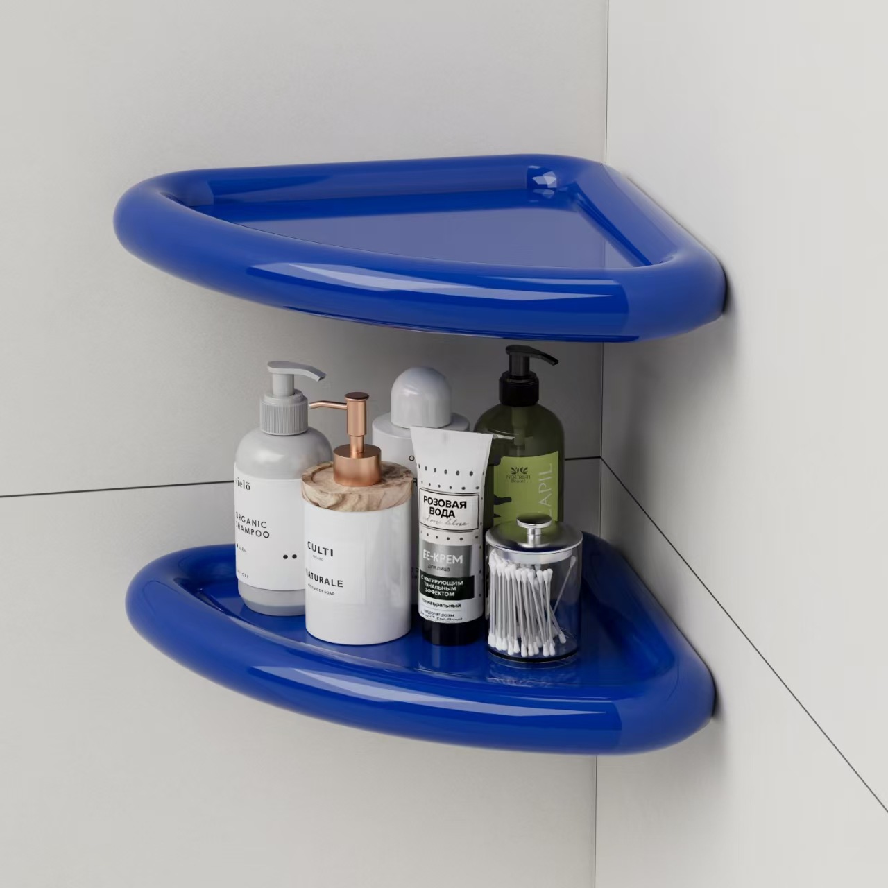 ドーパミンカラーの穴あけ不要多機能キッチン収納ラック、壁掛け式穴あけ不要リビング/バスルーム三角ラック