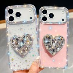 宝石爱心支架适用iPhone17Air手机壳苹果16E闪钻闪粉15Promax跨境