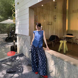 实拍 2025小清新克莱因蓝色无袖两穿休闲针织衫+大圆点棉麻9分裤