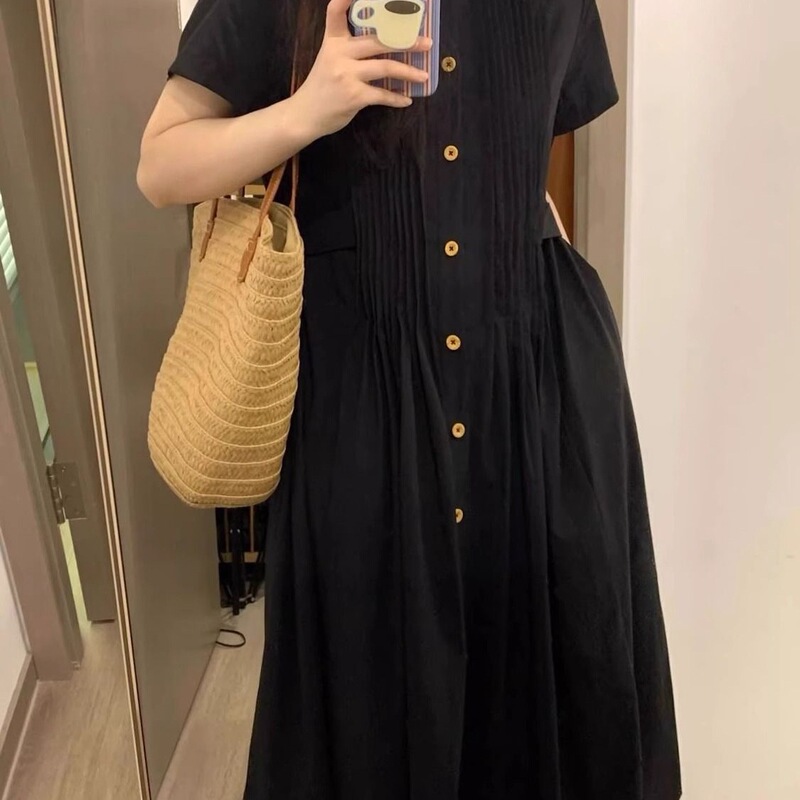 Vintage Short-Sleeve Shirt Dress, Long Summer Casual Loose-Fitting Slimming A-Line Dress with a Flattering Waistline, Suitable for Petite Sizes