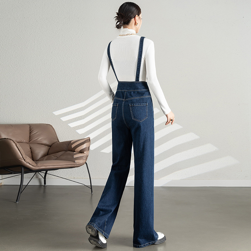 Quần yếm denim nữ dáng rộng ống rộng cạp cao ống thẳng — Màu xanh lam