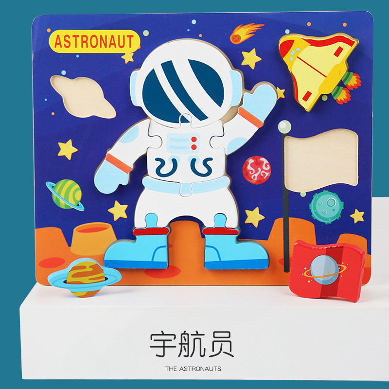 Juguetes educativos de madera de la educación temprana de los niños cognitivos dinosaurio de madera forma animal juego rompecabezas tridimensional 3D al por mayor