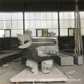 带盖圆形石雕香炉 青石烧香炉款式图片 炉耳雕龙 规格可定