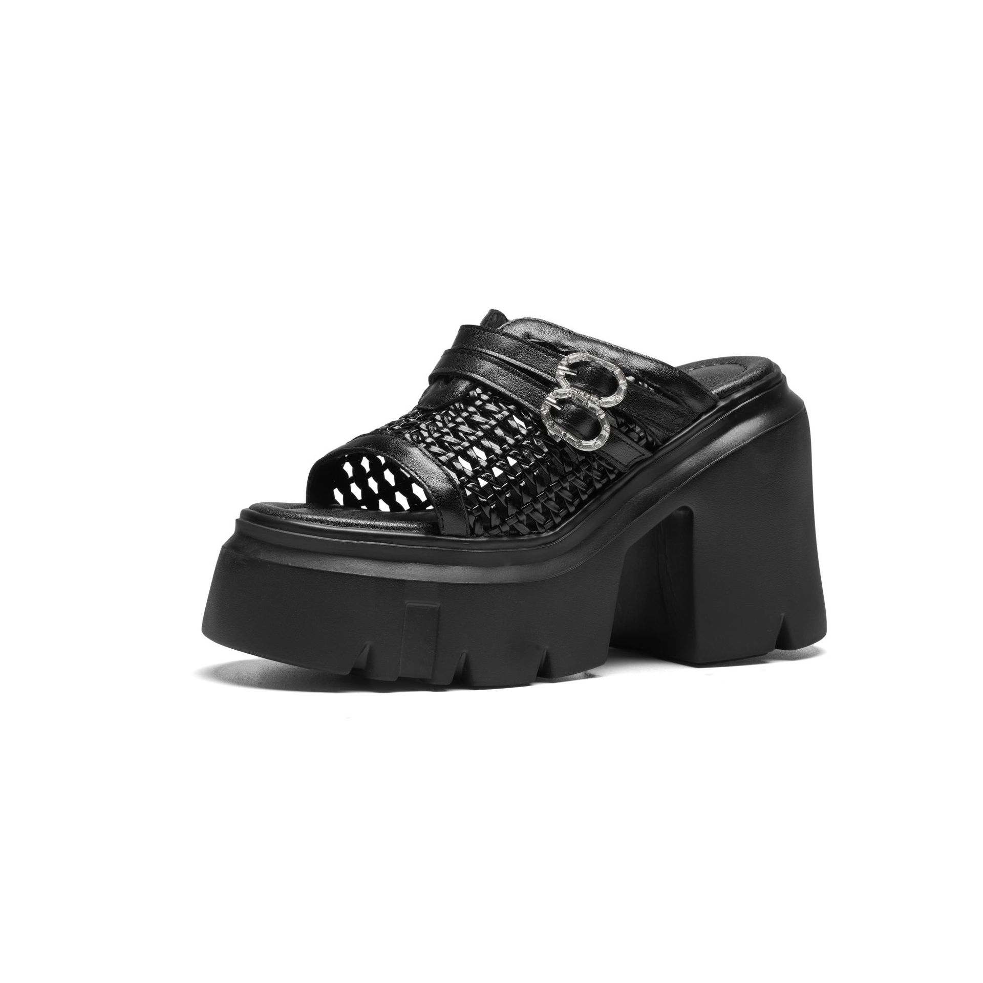 Dép sandal nữ gót vuông đế dày 12 cm phong cách thời trang hở mũi — màu đen