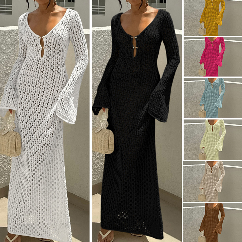 Cross-Border European and American New Style Cut Out Texture V Neck Round Button Long-Sleeved Vacation Long Dress Beach Sun Protection Backless Long Skirt