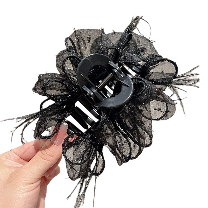 Advanced Satin Satin Big Black Bowknot Clip de tiburón Tocado Diamante cuadrado Horquilla en la parte posterior de la cabeza Clip de agarre Horquilla femenina