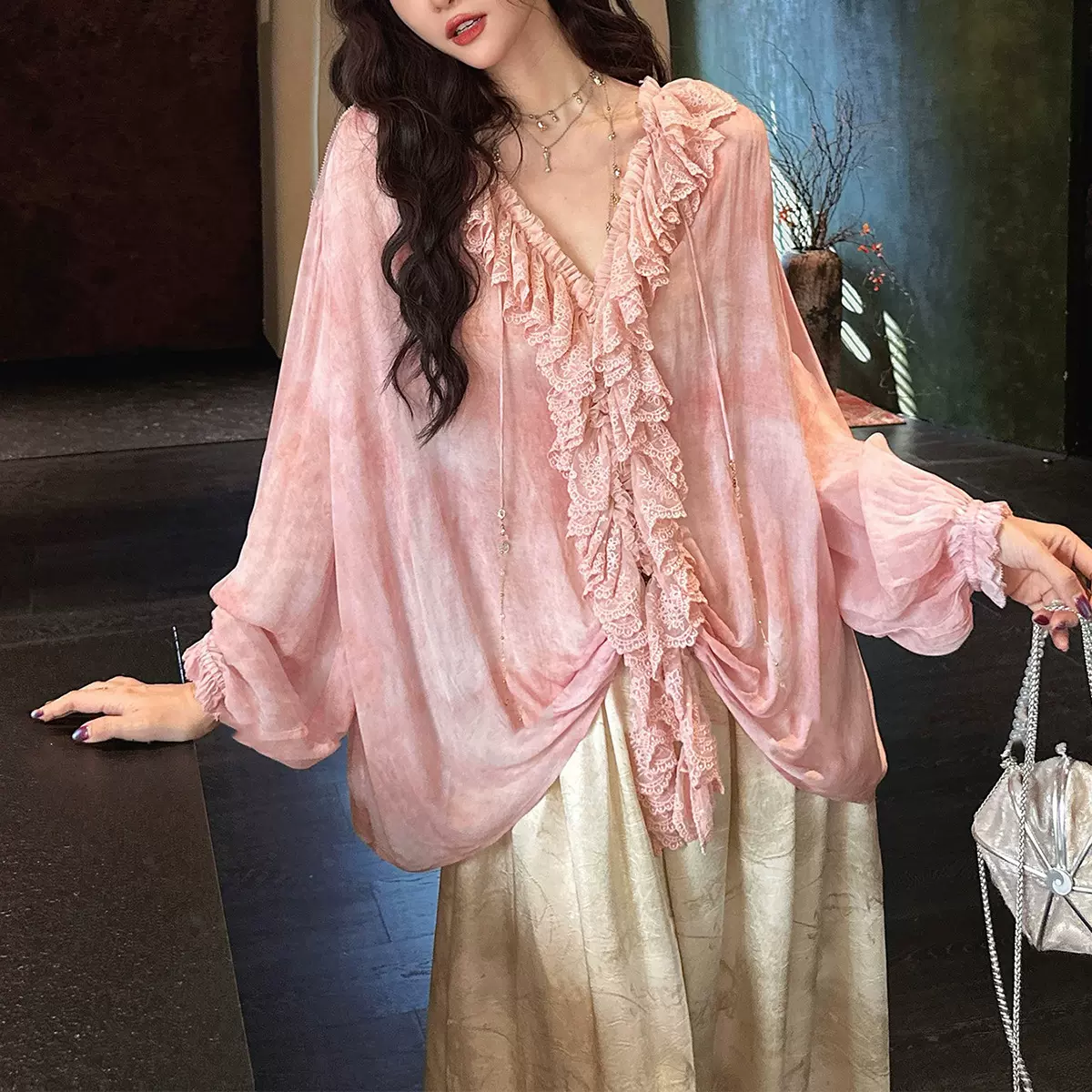 【不羡仙】新中式蕾丝雪纺衬衫女春2026年新款轻奢高级感V领上衣