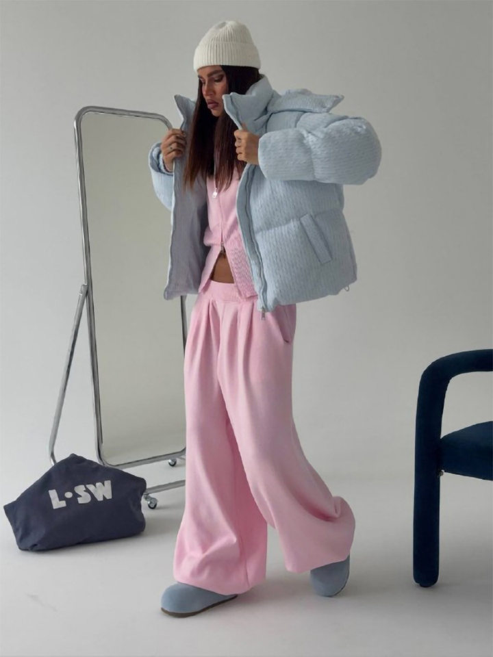 Set áo len cardigan dáng rộng phối quần ống lồng hai dây kéo — màu hồng, màu xám chi tiết 4
