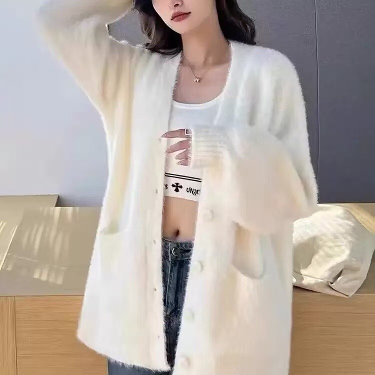 Soft and Lazy Style Imitation Mink Velvet Sweater Jacket for Women in Autumn and Winter Loose, Gentle, Furry and Milky Knitted Cardigan