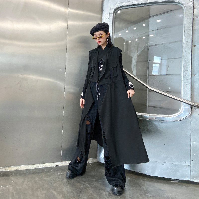 Estilo coreano traje suelto collar sin mangas Chaleco de primavera y otoño de las mujeres delgada cintura apretada diseño sentido nicho estilo occidental cardigan vestido