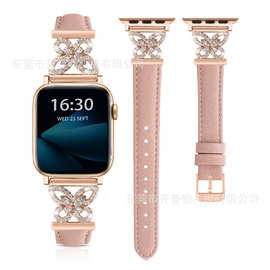 适用苹果Apple watch S12-1蝴蝶镶钻皮表带适合女士跨境首选