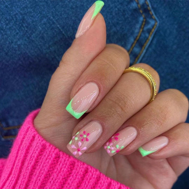 Nail Art Wear Green French Nail Pieces Finished Green Pink Flower Nail Sticker Removable Nail Pieces Finished Nail Pieces