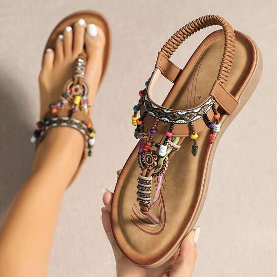Summer New Women's Shoes Bohemian Ethnic Style Flat Sandals Fashion Pendant Flip-on Slippers Cross-border Supply for Women