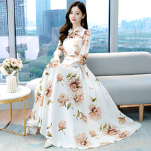 时尚妈妈装长袖连衣裙女雪纺新款韩版气质碎花秋冬季中长印花裙子