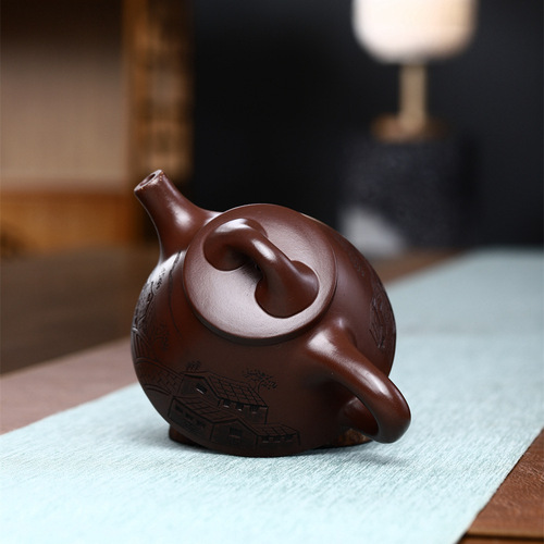 Engraved Jiangnan Overlord Stone Ladle Pot Yixing Purple Clay Pot Original Mine Old Purple Clay Handmade Teapot Tea Set Gifts Wholesale Delivery