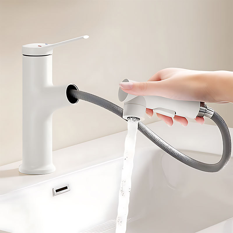 Cream-Style Brass White Washbasin Faucet for Home Use, Pull-Out Bathroom Sink Basin with Hot and Cold Water