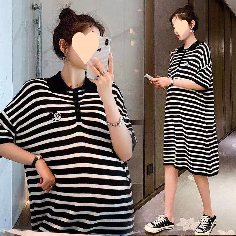 Maternity Summer Dress 2025 New Summer Suit Internet Celebrity Outing Large Size Short-Sleeved Collar Stripesd Shirt Dress