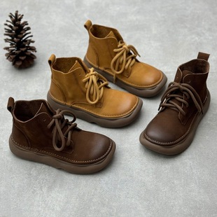 Retro Literary Genuine Leather Short Boots 2025 Autumn and Winter New Handmade Cotton and Linen Style Wide Toe Lace-Up First-Layer Cowhide Women's Boots