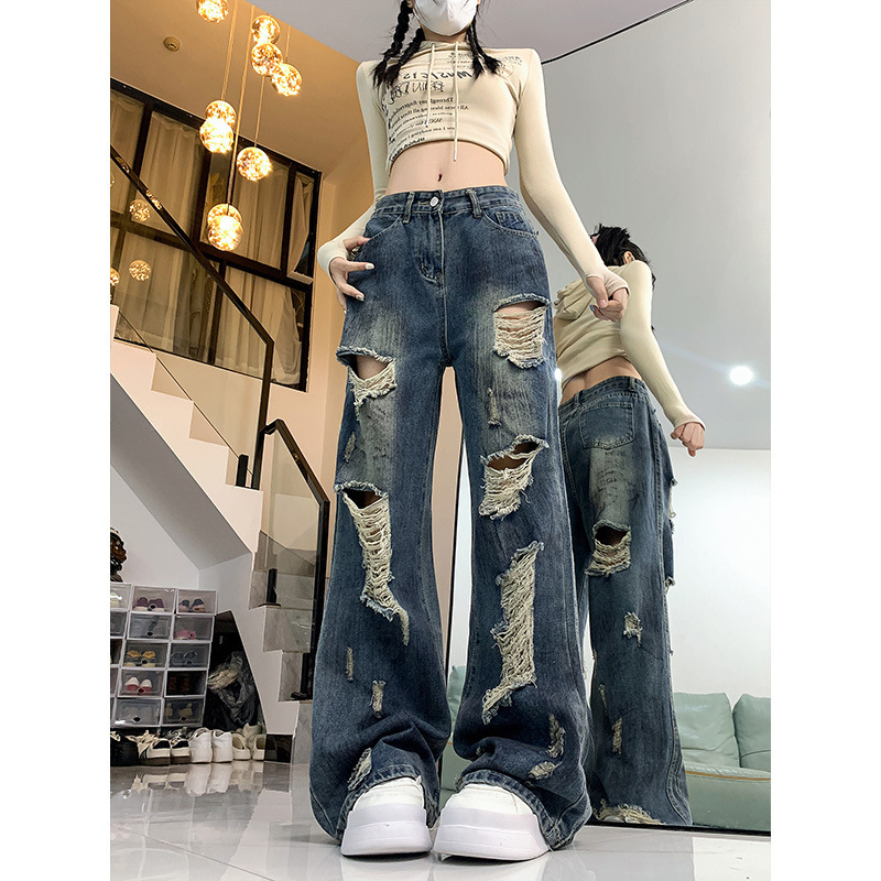 Ripped Lazy Relaxed Jeans Women's 2025 Spring New High Street hiphop Loose Wide Leg Pants