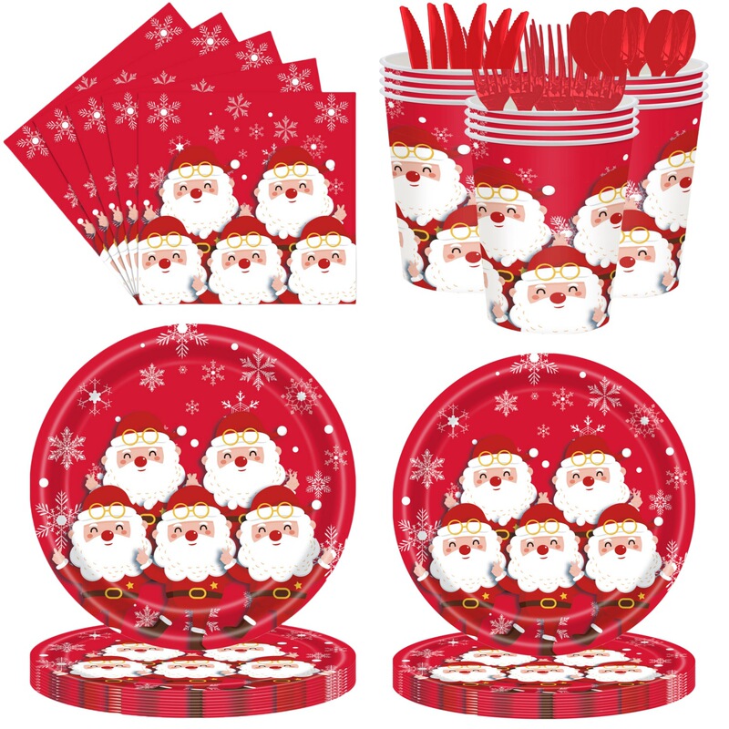 Red Santa Claus Decoration Party Dinner Plate suit Christmas Children's Holiday Arrangement Disposable Paper Plate Tissue