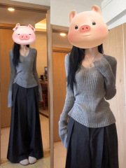 【】灰色v领针织衫毛衣女新款早秋洋气内搭打底衫绝美修身上衣