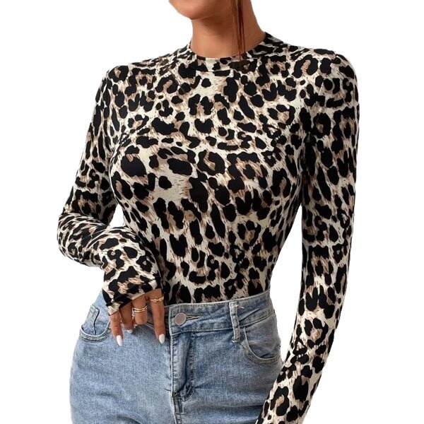 Ropa de mujer transfronteriza europea y americana pequeño collar de pie de manga larga de moda estampado de leopardo apretado estilo de niña caliente mono top image 6
