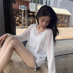 小心机微透辣妹白色长袖T恤2025新款女宽松防晒衣纯欲风女装上衣