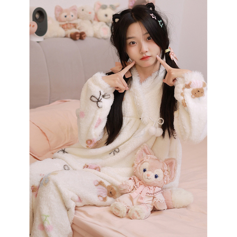 Pajamas for Women Winter Coral Velvet Thickeneded Fleece-Lined Sweet and Cute Girl Cartoon Small Autumn and Winter Home Clothes for Women