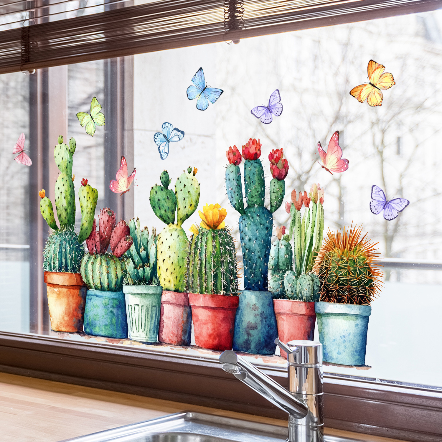 Watercolor Potted Cactus And Butterfly Static Window Wall Sticker_voghion.com