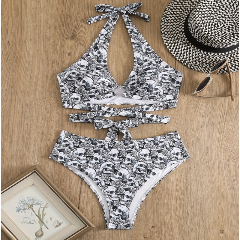 Traje de baño de una pieza calado, bikini de una pieza de color sólido, traje de baño estampado europeo y americano para mujer, bikini deportivo de cintura alta