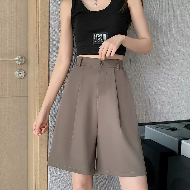 卡其色西装短裤女夏季高腰显瘦宽松休闲小个子大码a字5五分中裤