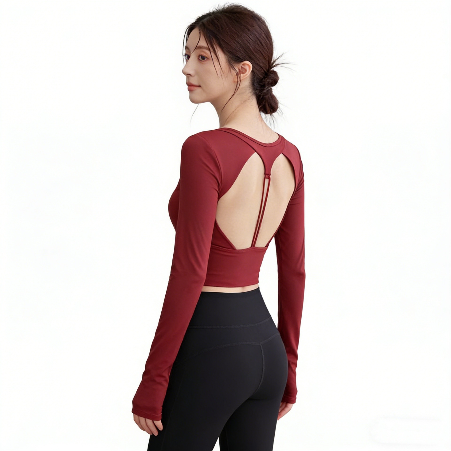 Red Pilates Yoga Wear Long-Sleeved T-Shirt for Women, Versatile Fixed Cup Cut Out Beautiful Back Slimming Look Sports Fitness Top