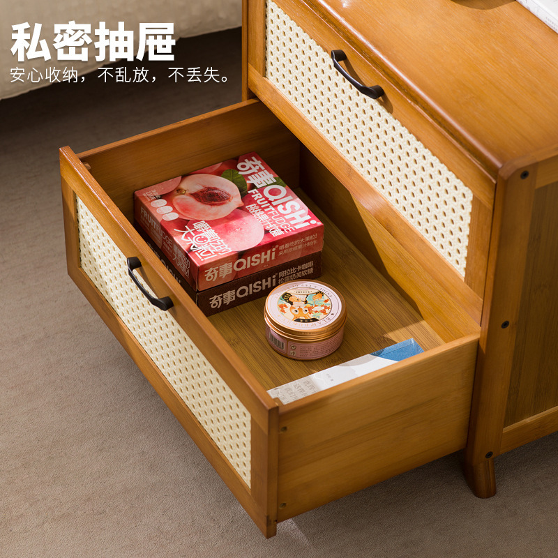 中古风实木床头柜藤编家用床边柜简约卧室床头柜落地式收纳组合柜|undefined