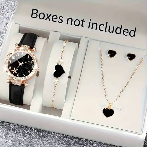 New Women's Casual Luxury-Style Diamond-Embedded Star Pattern Dial Quartz Watch with Leather Strap and Beaded Bracelet Set