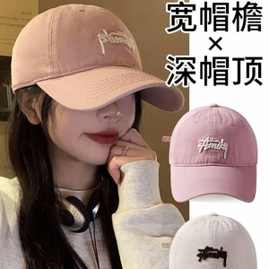 韩版软顶棒球帽女大头围显脸小粉色字母鸭舌帽百搭宽帽檐大脸帽子
