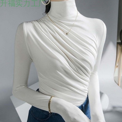 Long-sleeved bottomed shirt, women's autumn dress, semi-high collar, design, pleated, slim and thin shirt, with a foreign-style top for women