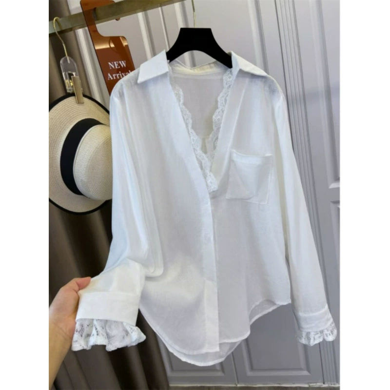 Новая высококачественная белая кружевная рубашка больших размеров для полных женщин, весна 2025 года, французский стиль