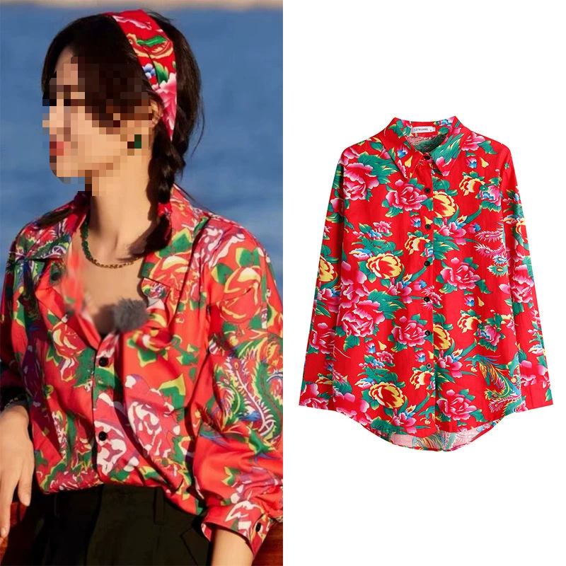 Долгосрокий наличие на складе: осенняя блузка в стиле знаменитостей Xin Zhirui 2025 года, этнический, оригинальный, северо-восточный цветочный принт для женщин.