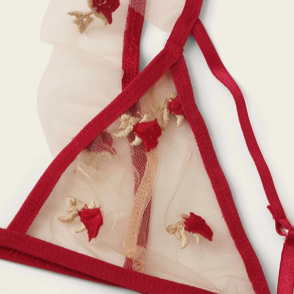 Ropa interior sexy de tres puntos de malla bordado transparente hueco rojo pijamas de mujer europea y americana transfronteriza Comercio exterior entrega de una pieza