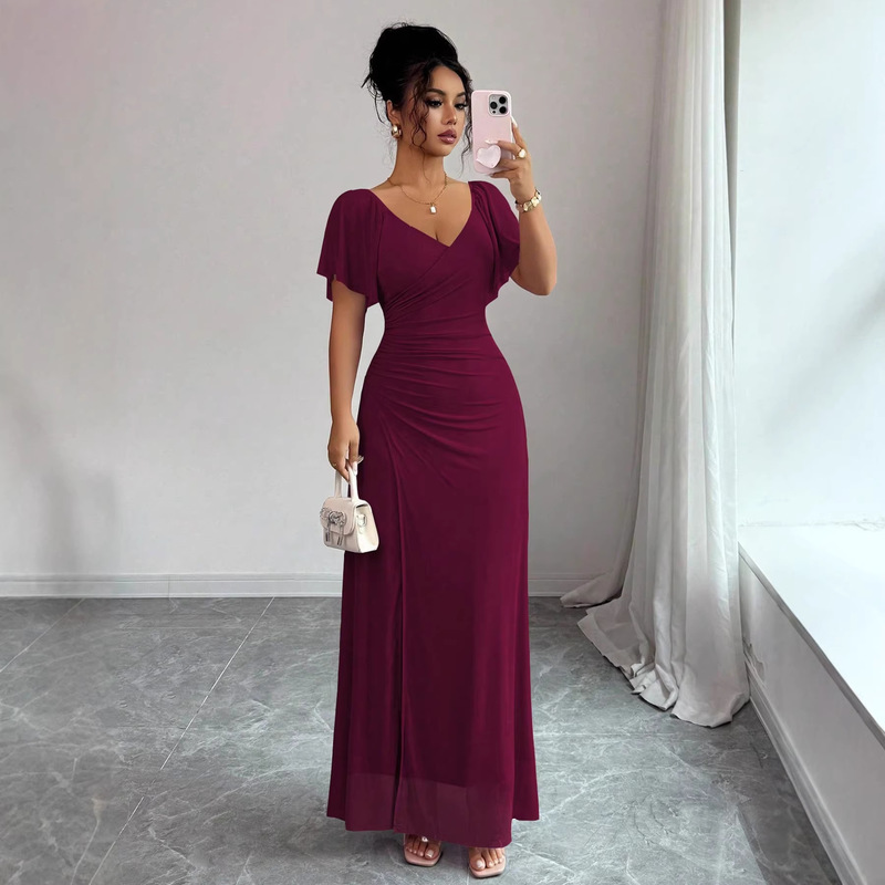 European and American Fashion Women's Elastic Mesh Patchwork V-Neck Flutter Sleeve Slit Evening Dress Early Summer 24H Shipping European and American Fashion Women's Elastic Mesh Patchwork V-Neck Flutter Sleeve Slit Evening Dress Early Summer 24H Shipping